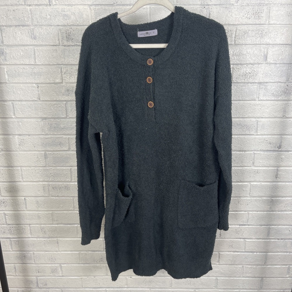 Natural Life Cozy Sweater Dress Womens L Charcoal Henley Lounge Soft Knit